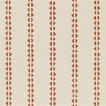 Detail of fabric in a playful ticking stripe print in burnt orange on a cream field.