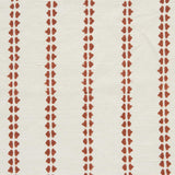 Detail of fabric in a playful ticking stripe print in rust on a white field.