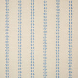 Detail of fabric in a playful ticking stripe print in light blue on a tan field.