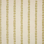 Detail of fabric in a playful ticking stripe print in olive on a cream field.