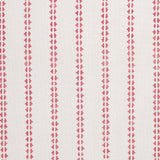 Detail of fabric in a playful ticking stripe print in pink on a white field.