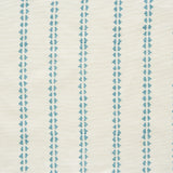 Detail of fabric in a playful ticking stripe print in turquoise on a cream field.