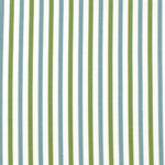 Detail of fabric in a small-scale stripe print in green and blue on a white field.