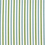 Detail of fabric in a small-scale stripe print in green and blue on a white field.