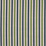 Detail of fabric in a small-scale stripe print in green and navy on a cream field.