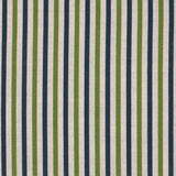 Detail of fabric in a small-scale stripe print in green and navy on a cream field.