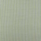 Detail of fabric in a small-scale stripe print in green on a greige field.