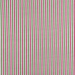 Detail of fabric in a small-scale stripe print in green and fuchsia on a greige field.