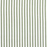 Detail of fabric in a small-scale stripe print in sage on a white field.