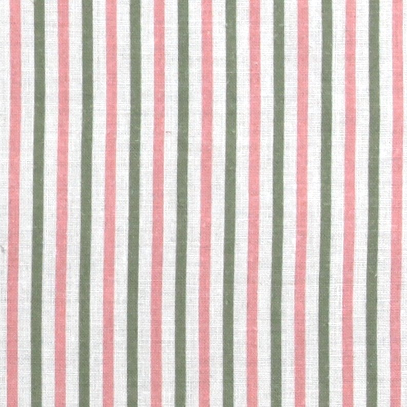 Detail of fabric in a small-scale stripe print in sage and pink on a white field.