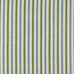 Detail of fabric in a small-scale stripe print in green and blue on a cream field.