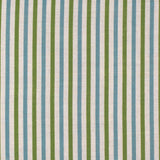 Detail of fabric in a small-scale stripe print in green and blue on a cream field.
