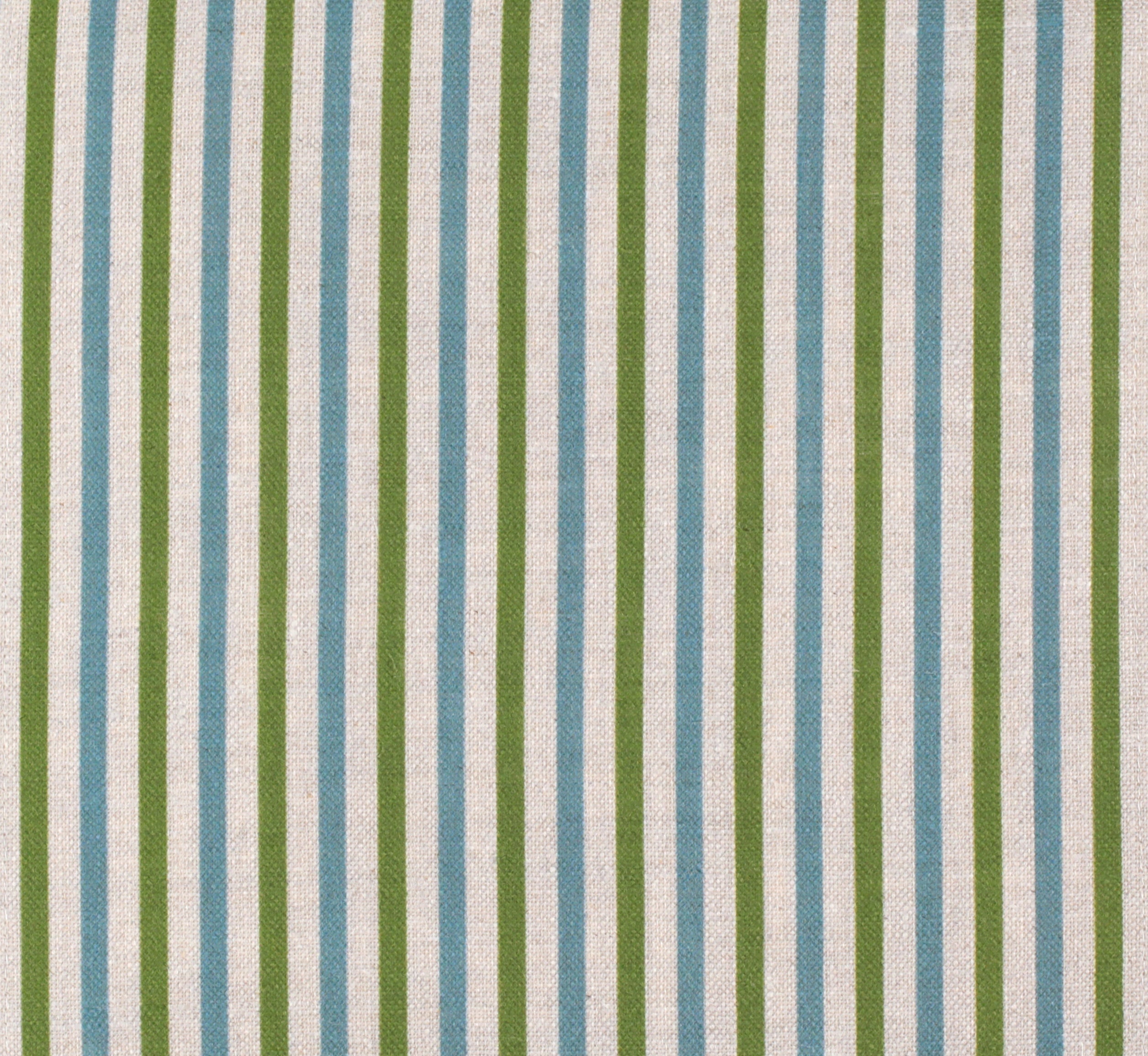 Detail of fabric in a small-scale stripe print in green and blue on a cream field.