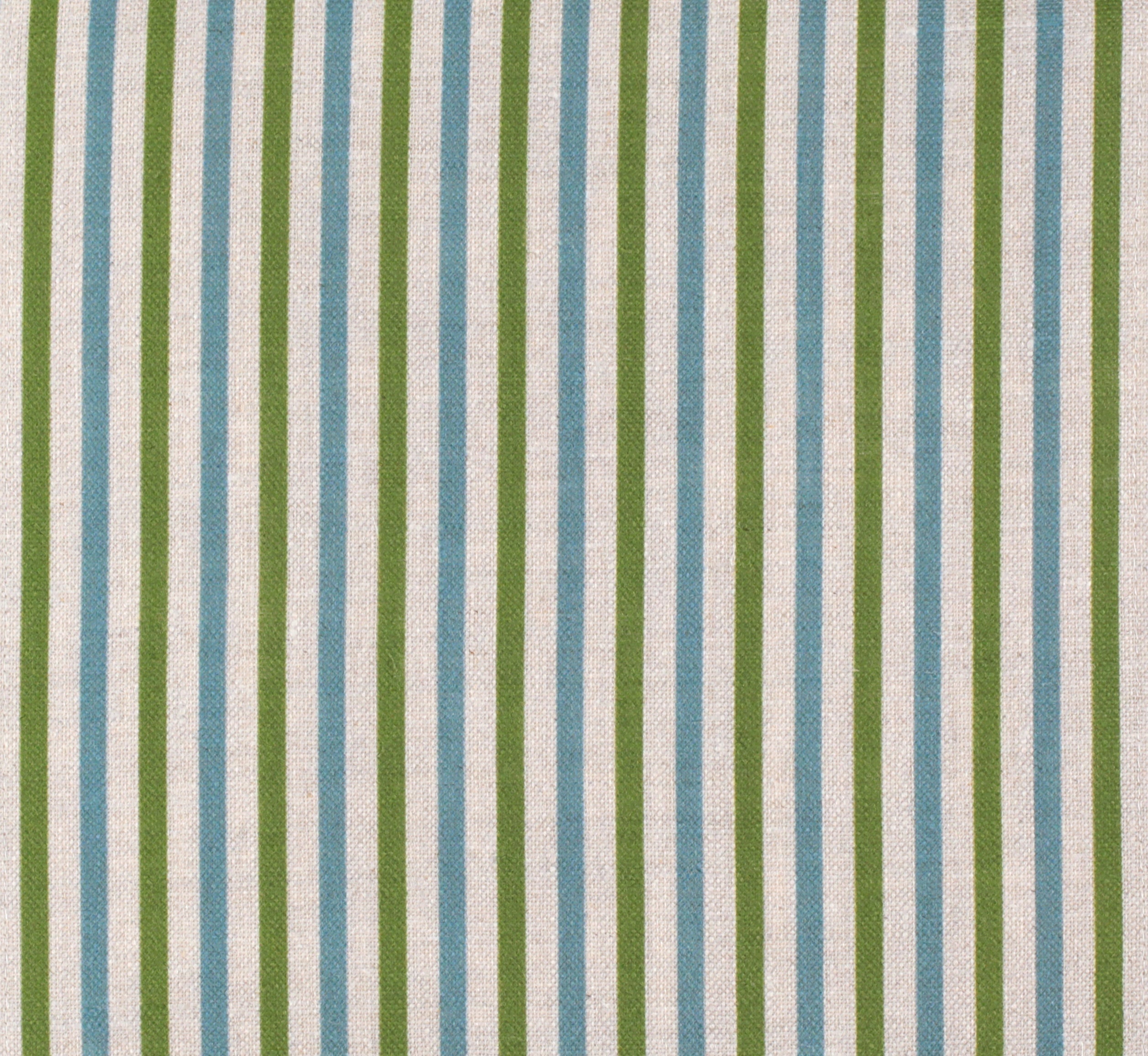 Detail of fabric in a small-scale stripe print in green and blue on a cream field.