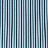 Detail of fabric in a small-scale stripe print in blue and navy on a light blue field.