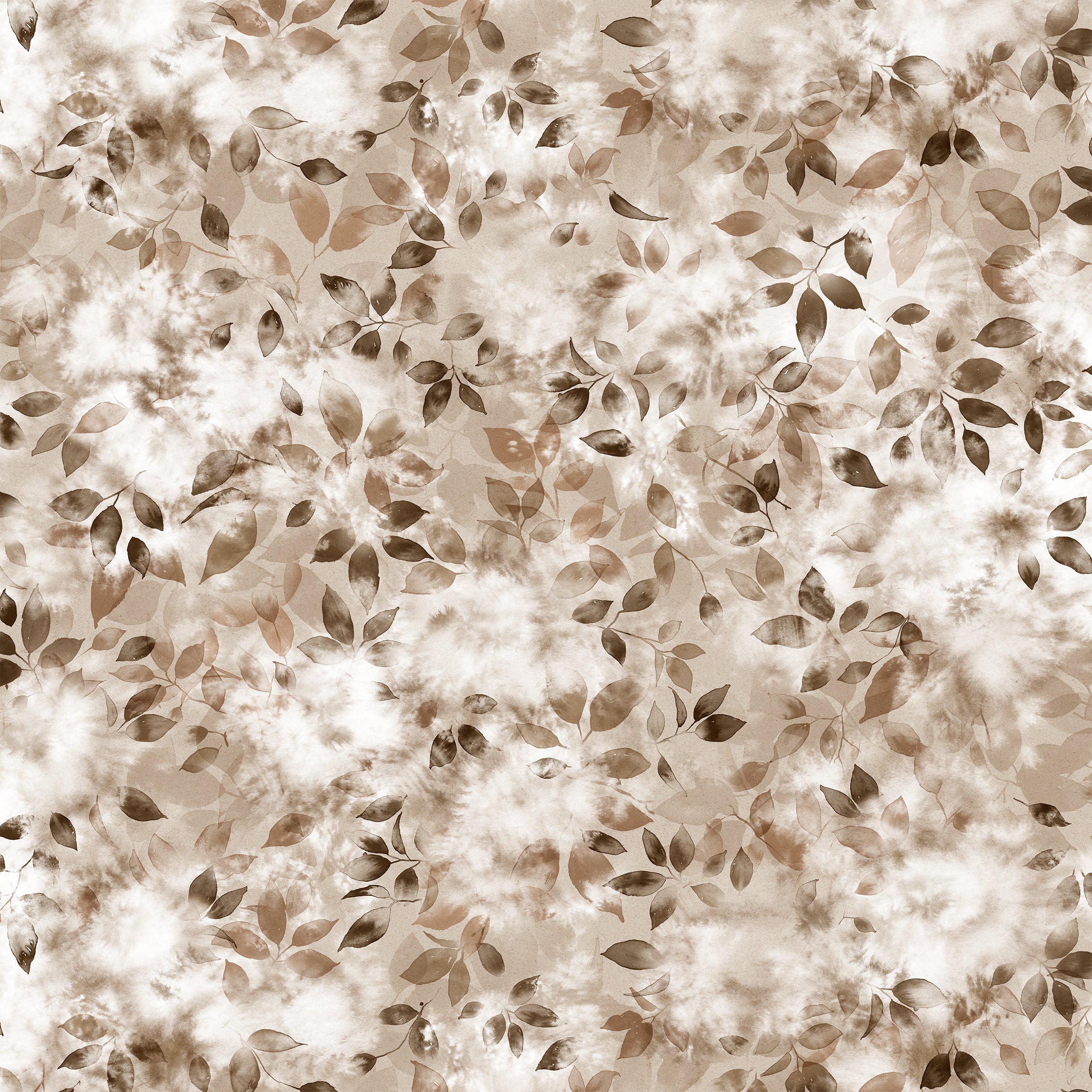 Detail of fabric in a painterly leaf print in shades of brown and beige with a mottled white overlay.