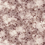Detail of fabric in a painterly leaf print in shades of wine purple and mauve with a mottled white overlay.