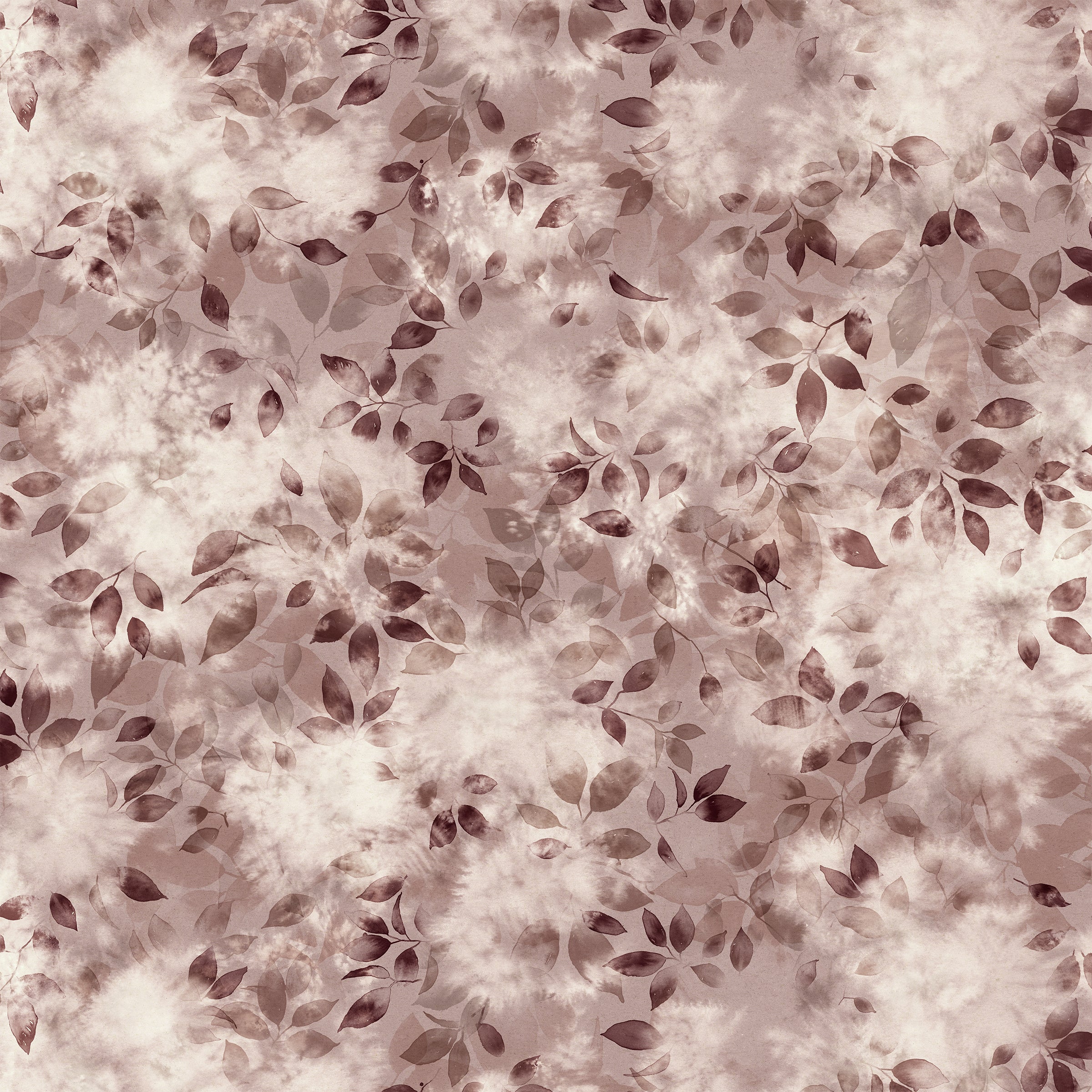 Detail of fabric in a painterly leaf print in shades of wine purple and mauve with a mottled white overlay.