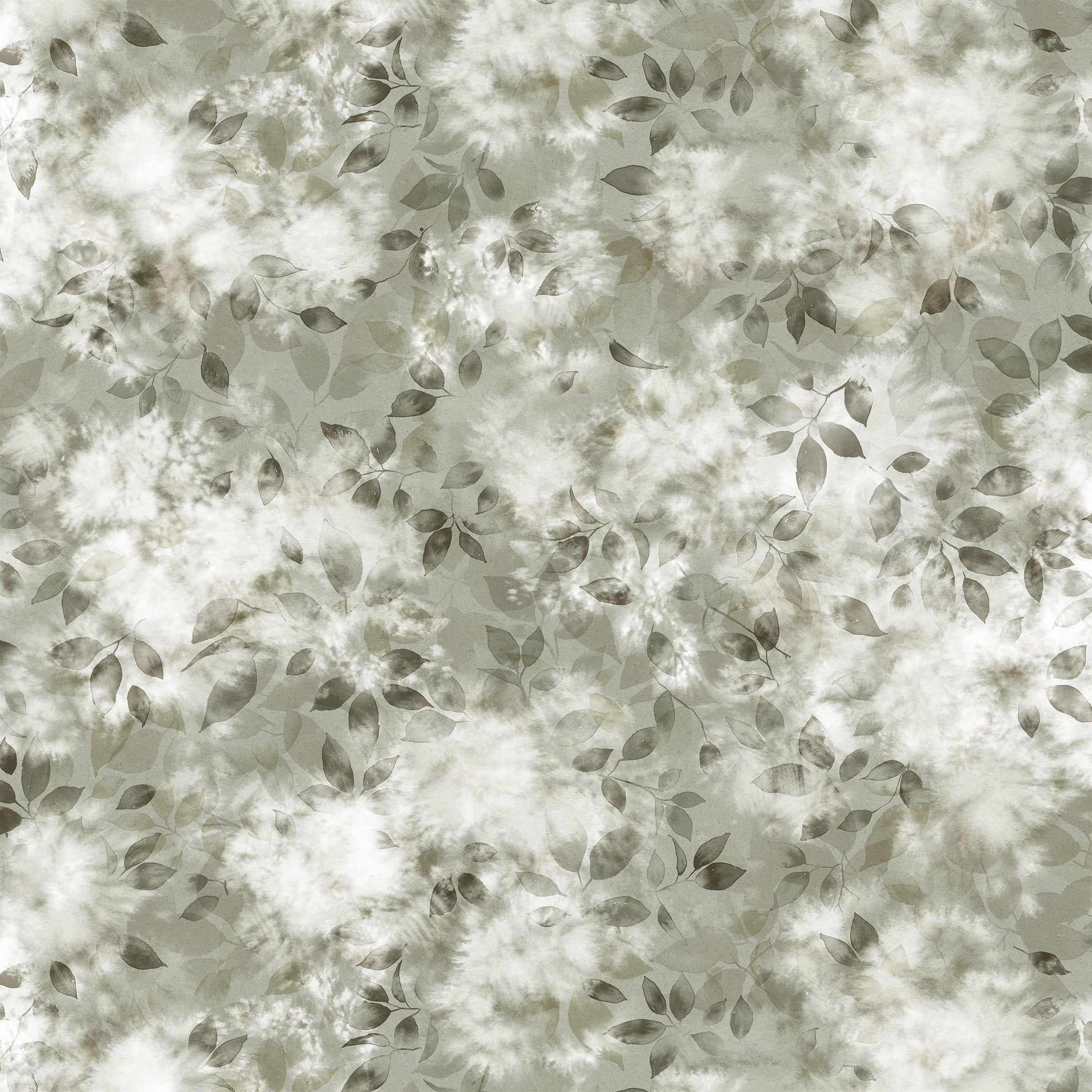Detail of fabric in a painterly leaf print in shades of grey-green with a mottled white overlay.