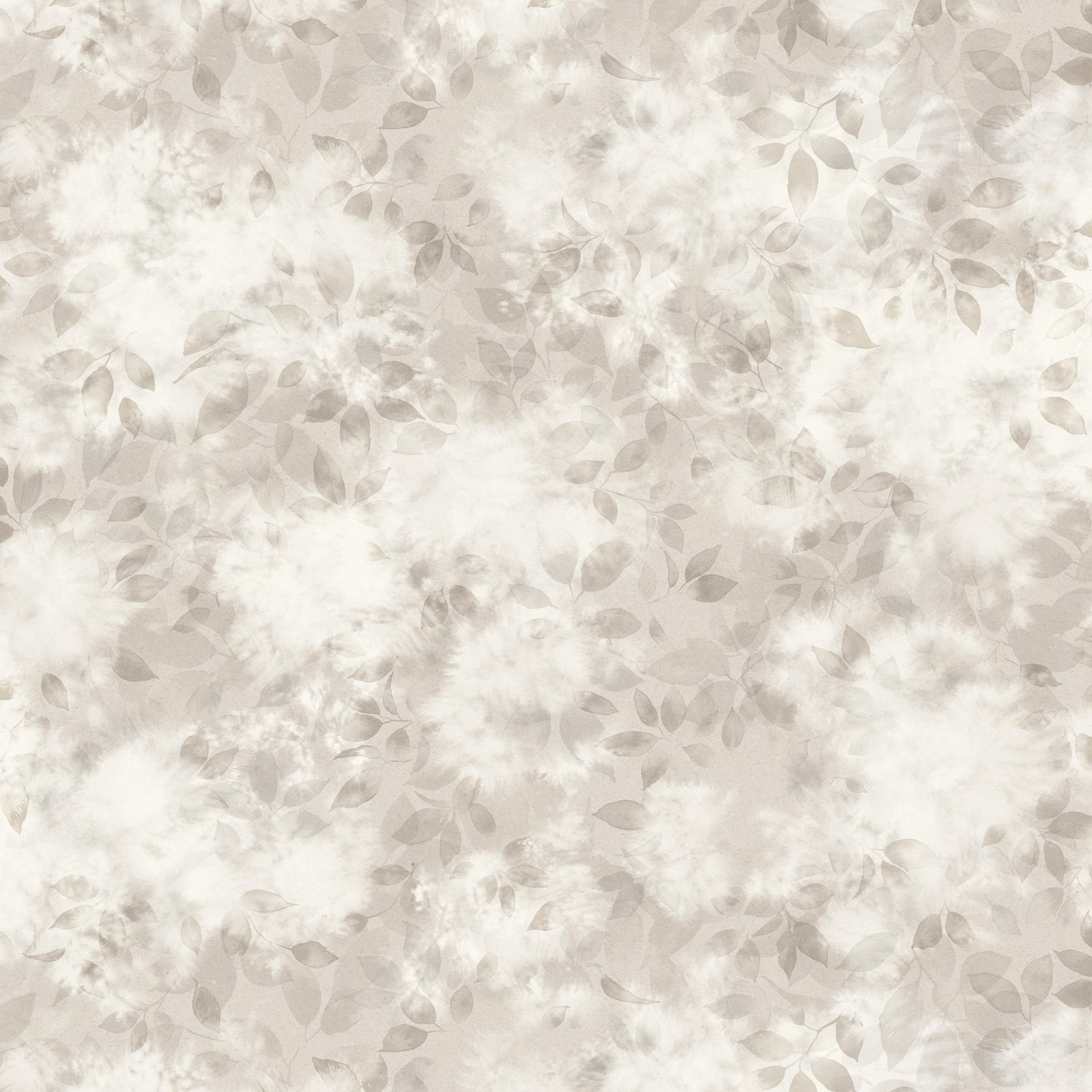 Detail of wallpaper in a painterly leaf print in shades of pinky grey with a mottled white overlay.