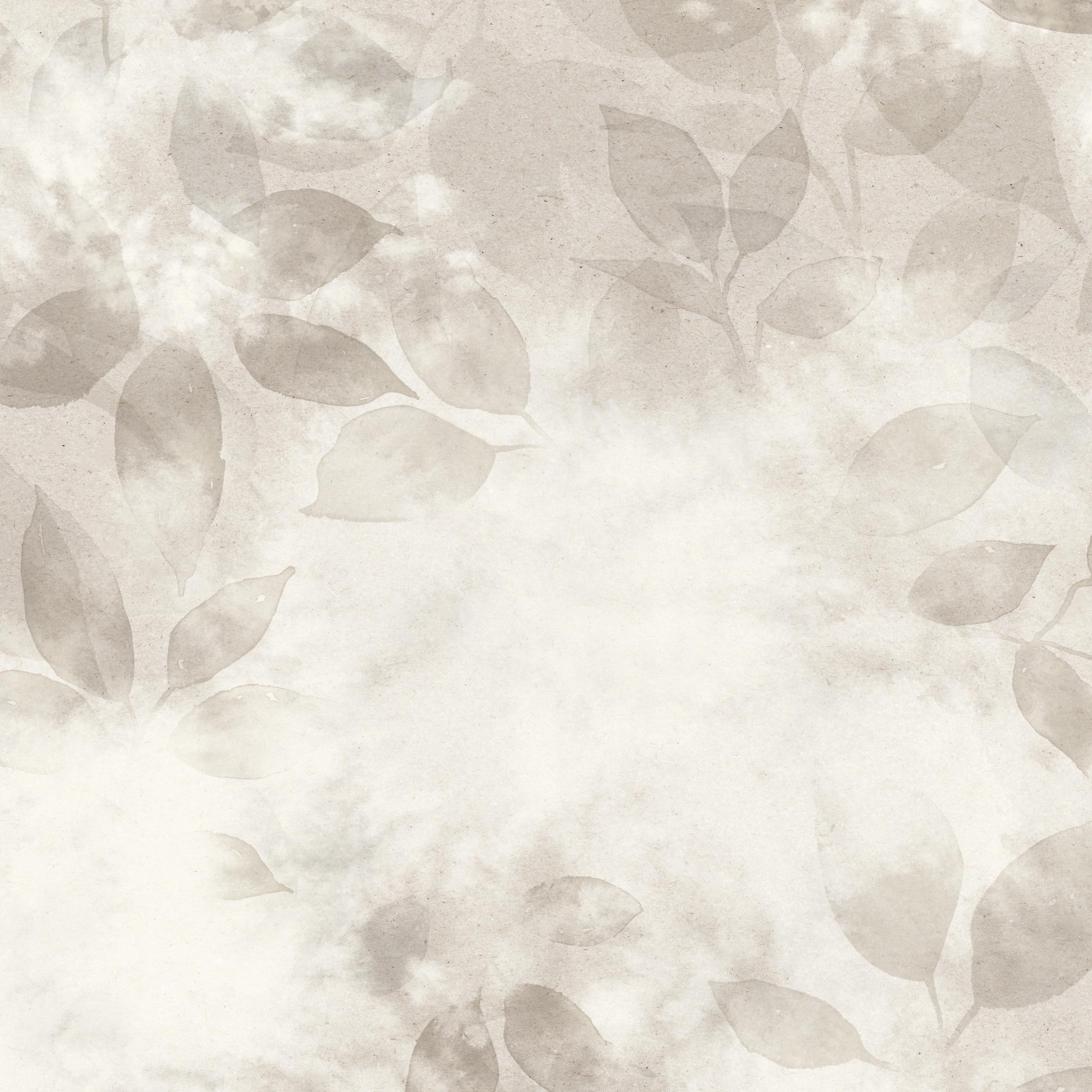 Close up detail of wallpaper in a painterly leaf print in shades of pinky grey with a mottled white overlay.