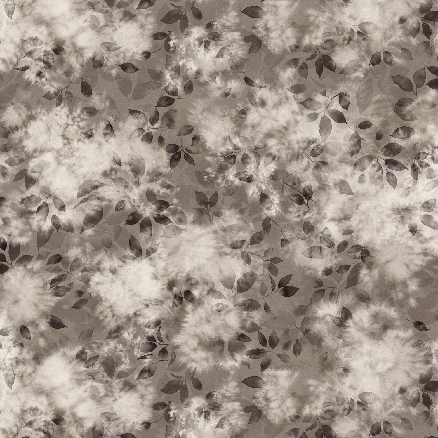 Detail of wallpaper in a painterly leaf print in shades of warm charcoal grey with a mottled white overlay.