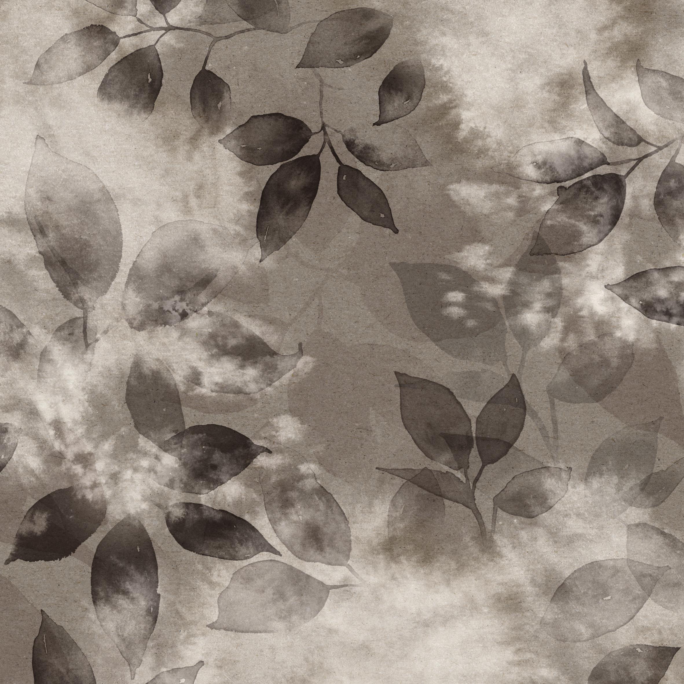 Close up detail wallpaper in a painterly leaf print in shades of warm charcoal grey with a mottled white overlay.