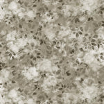 Detail of wallpaper in a painterly leaf print in shades of muted olive green with a mottled white overlay.
