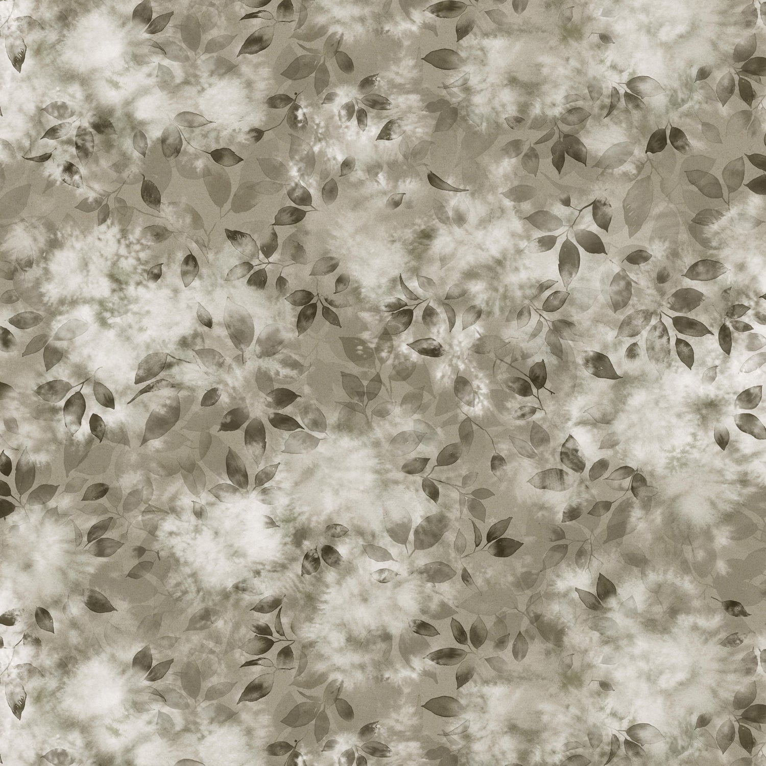 Detail of wallpaper in a painterly leaf print in shades of muted olive green with a mottled white overlay.