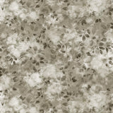 Detail of wallpaper in a painterly leaf print in shades of muted olive green with a mottled white overlay.