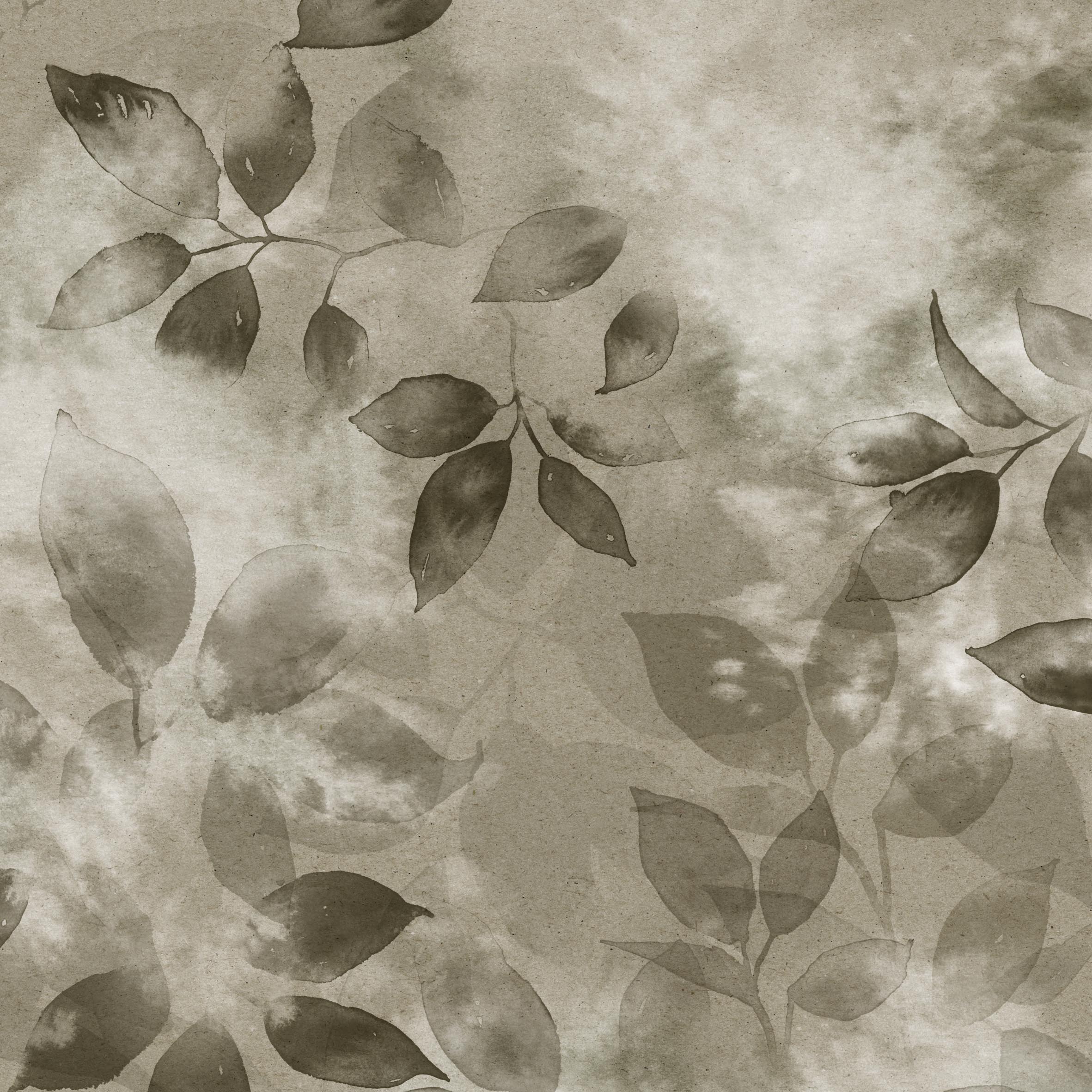 Close up detail of wallpaper in a painterly leaf print in shades of muted olive green with a mottled white overlay.