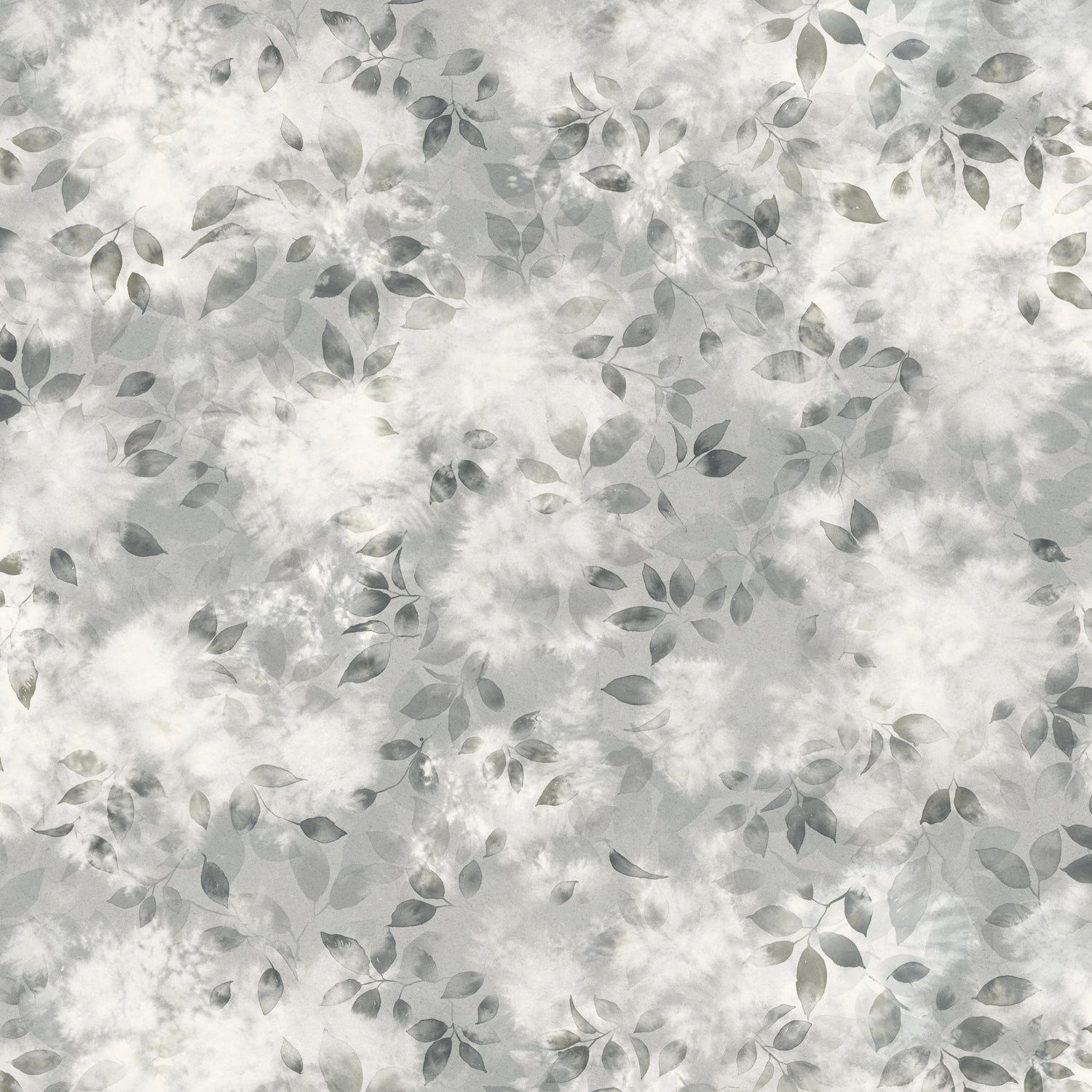Detail of wallpaper in a painterly leaf print in shades of cool steel grey with a mottled white overlay.