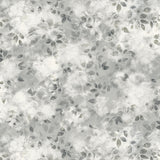 Detail of wallpaper in a painterly leaf print in shades of cool steel grey with a mottled white overlay.