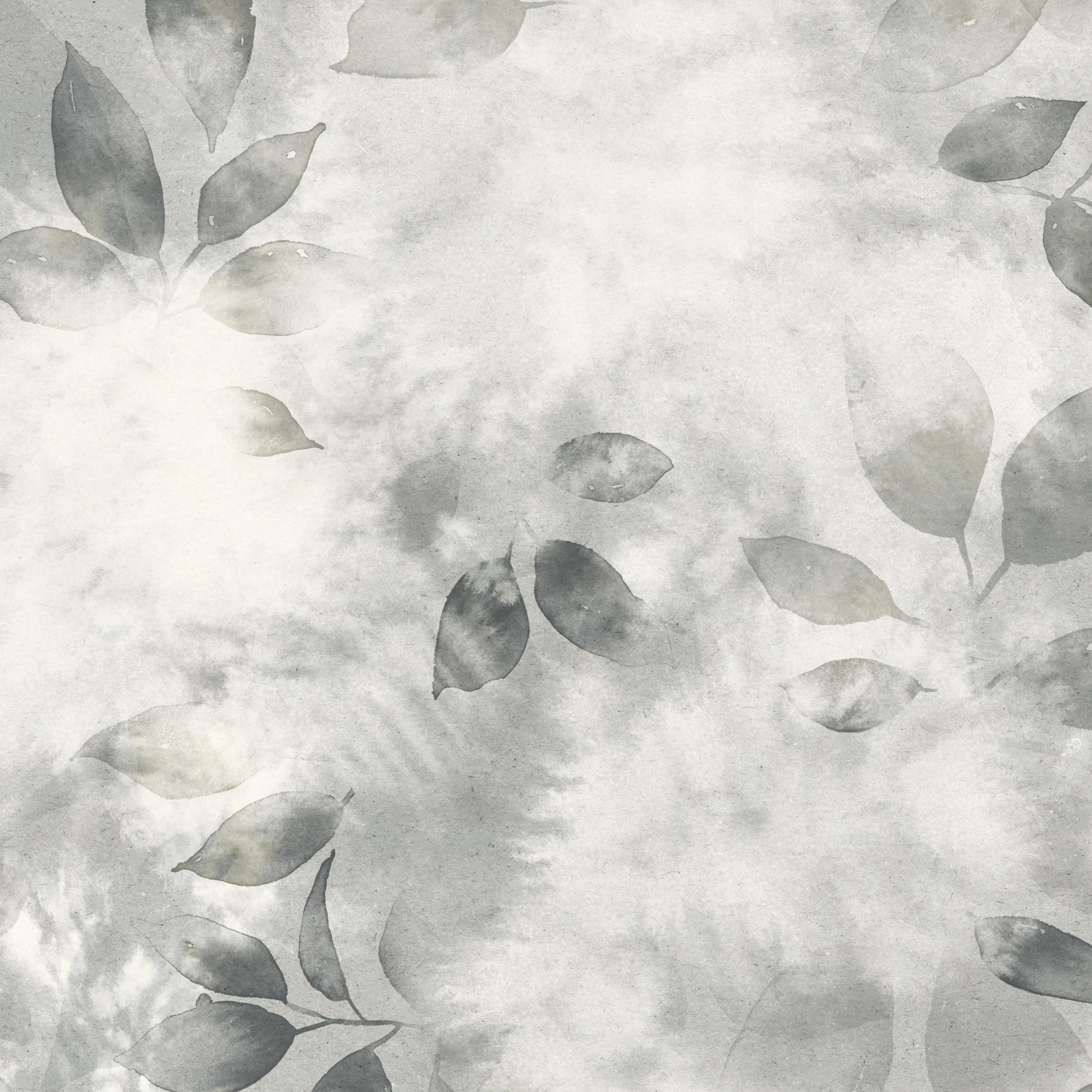 Close up detail of wallpaper in a painterly leaf print in shades of cool steel grey with a mottled white overlay.