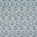 Detail of fabric in a floral damask print in shades of brown, blue and navy on a cream field.