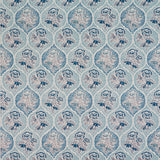 Detail of fabric in a floral damask print in shades of brown, blue and navy on a cream field.