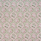 Detail of fabric in a floral damask print in shades of pink and green on a cream field.