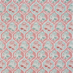 Detail of fabric in a floral damask print in shades of turquoise and red on a cream field.