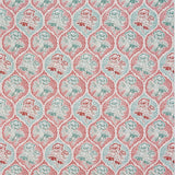 Detail of fabric in a floral damask print in shades of turquoise and red on a cream field.