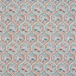 Detail of fabric in a floral damask print in shades of blue and brown on a cream field.