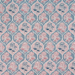 Detail of fabric in a floral damask print in shades of navy and pink on a cream field.