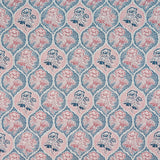 Detail of fabric in a floral damask print in shades of navy and pink on a cream field.