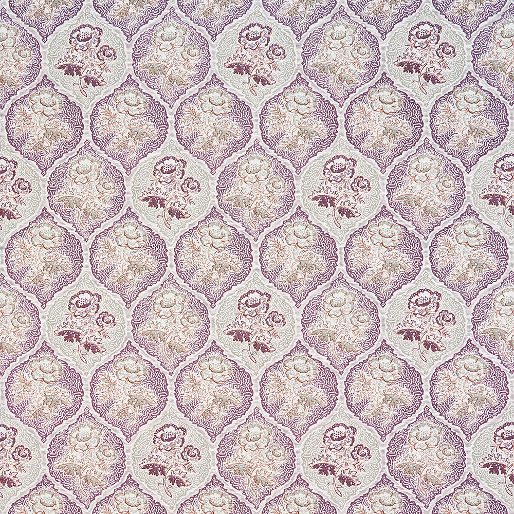 Detail of fabric in a floral damask print in shades of purple, cream and tan on a cream field.