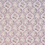 Detail of fabric in a floral damask print in shades of purple, cream and tan on a cream field.