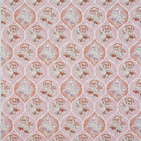 Detail of fabric in a floral damask print in shades of pink and red on a cream field.