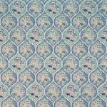 Detail of fabric in a floral damask print in shades of blue, green and tan on a cream field.