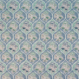 Detail of fabric in a floral damask print in shades of blue, green and tan on a cream field.