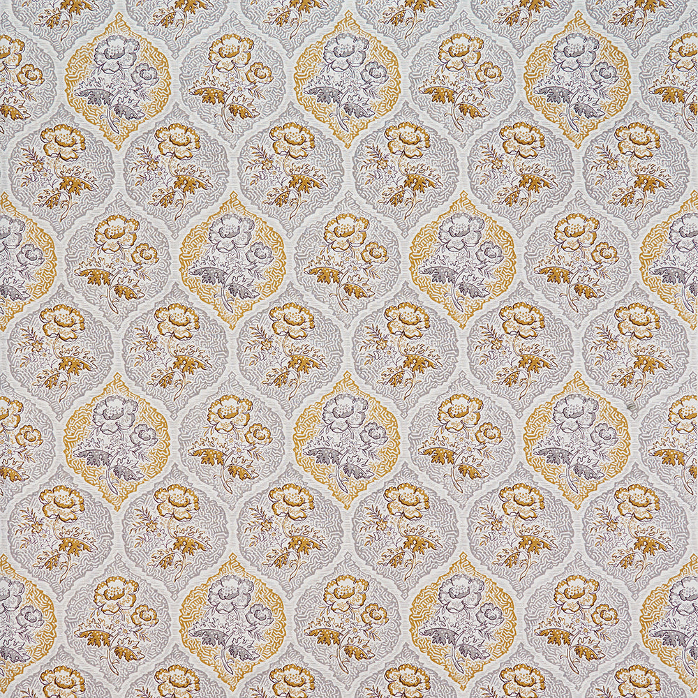 Detail of fabric in a floral damask print in shades of gray and mustard on a cream field.