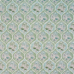 Detail of fabric in a floral damask print in shades of gray, blue and green on a cream field.