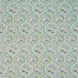 Detail of fabric in a floral damask print in shades of gray, blue and green on a cream field.